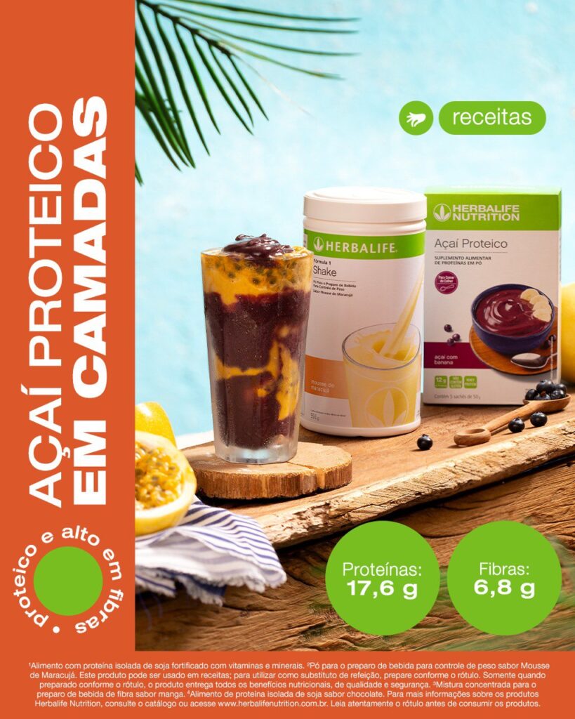 A combinação de Shake sabor Mousse de Maracujá com Açaí Proteico e Fiber Concentrate sabor Manga é uma verdadeira delícia refrescante.