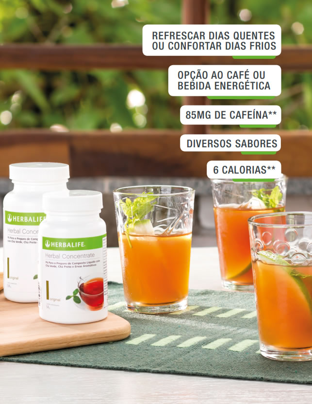 O Herbal Concentrate da Herbalife refresca dias quentes ou conforta dias frios, é uma ótima opção ao café ou bebidas energéticas. Tem apenas 6 calorias e diversos sabores.